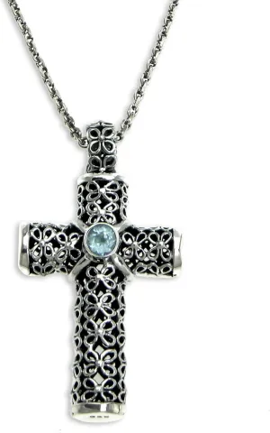 NOVICA Artisan Handmade Blue Topaz Pendant Necklace Unique Sterling Silver Religious Indonesia Placid Serenity Cross Floral Birthstone Gemstone [necklace Length 19.75 in L Necklace Width 2 mm W Penda]