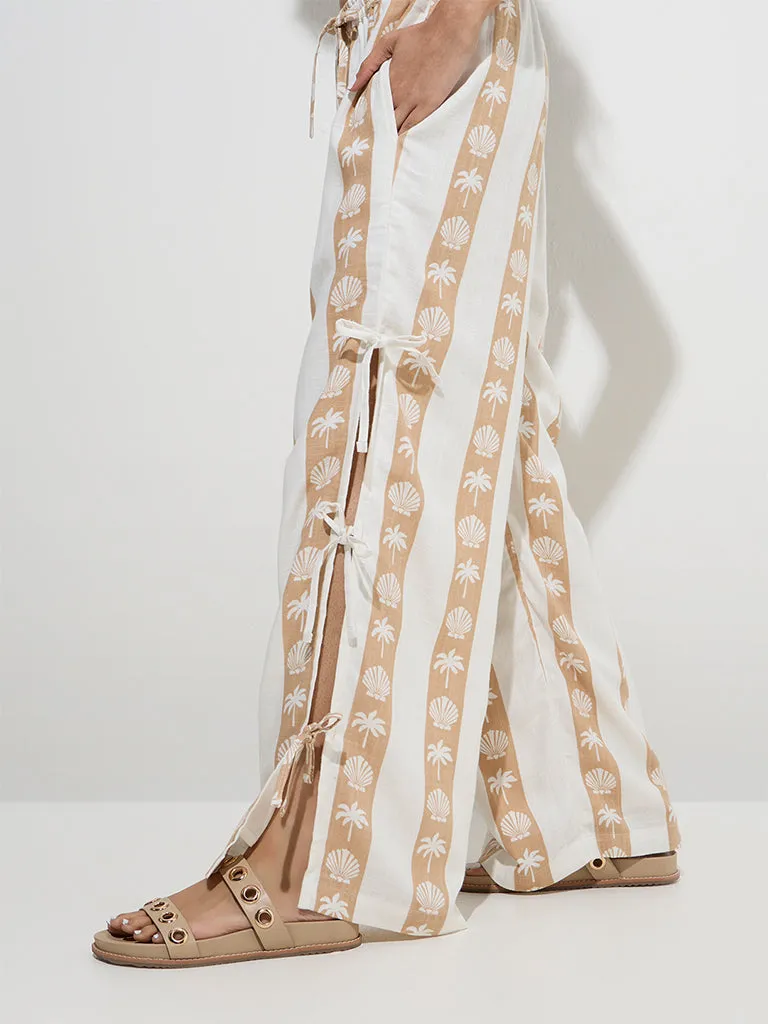 Nuon Beige Shell Printed Mid-Rise Cotton-Blend Pants