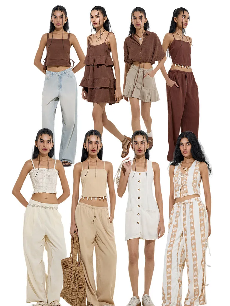Nuon Beige Shell Printed Mid-Rise Cotton-Blend Pants