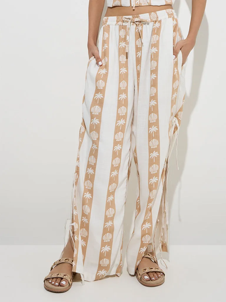 Nuon Beige Shell Printed Mid-Rise Cotton-Blend Pants