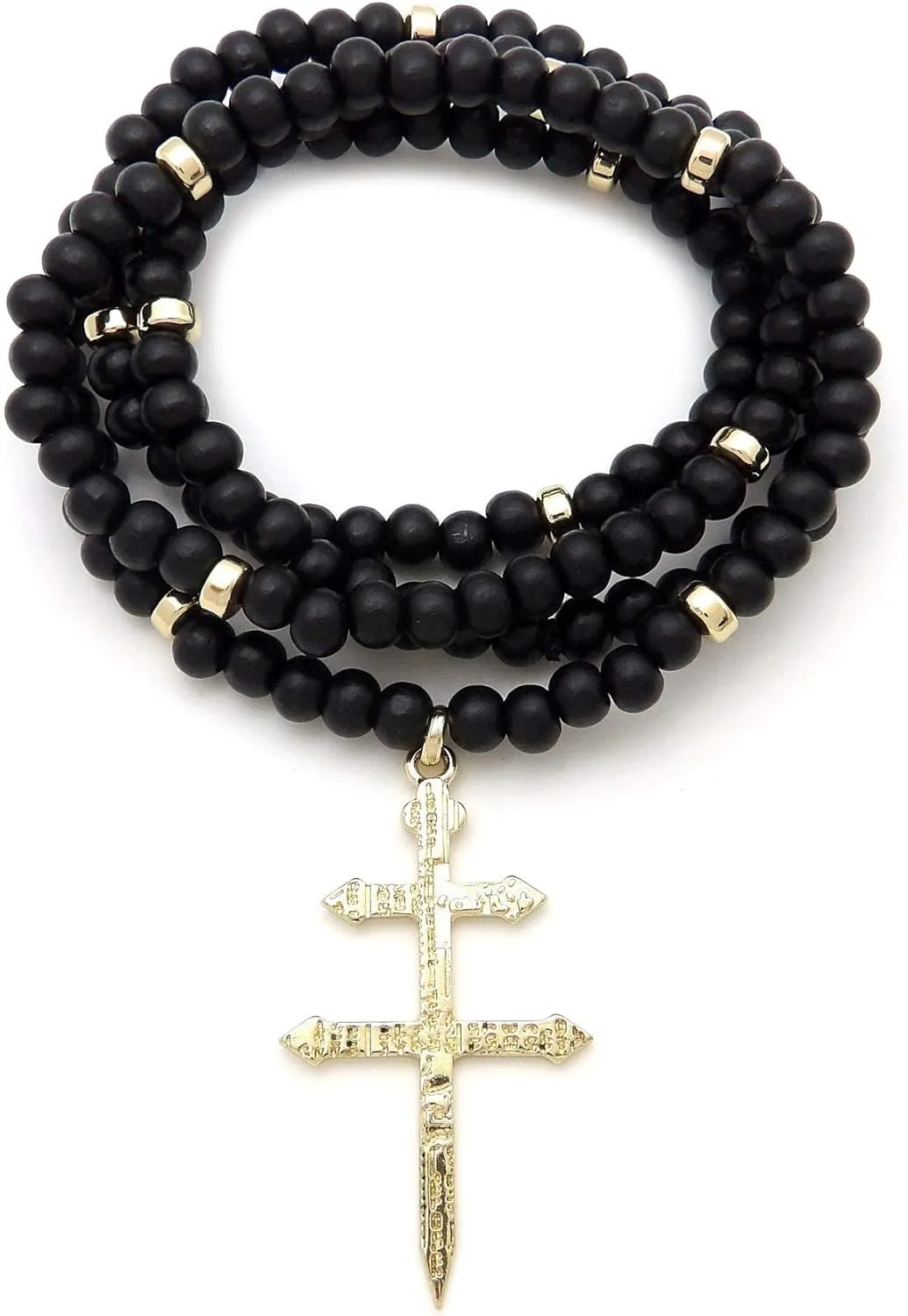 NYFASHION101 Polished Patriarchal Cross Pendant with 6mm 30" Wooden Bead Metal Disc Necklace