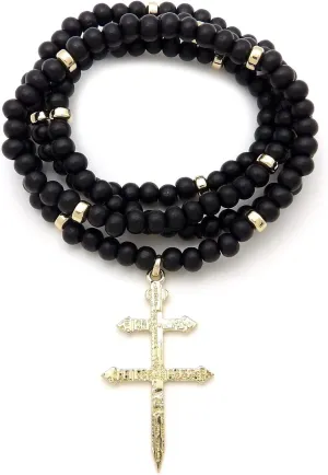 NYFASHION101 Polished Patriarchal Cross Pendant with 6mm 30" Wooden Bead Metal Disc Necklace