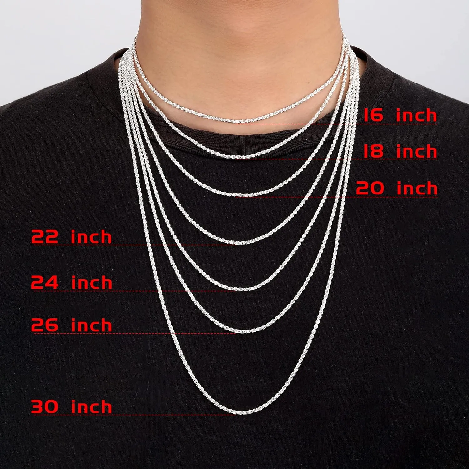 OCHCOH 925 Sterling Silver Clasp 2/2.5/3/4/5mm Rope Chain Necklace for Men Women Diamond Cut Silver Chain Necklace for Men 16-30 Inch