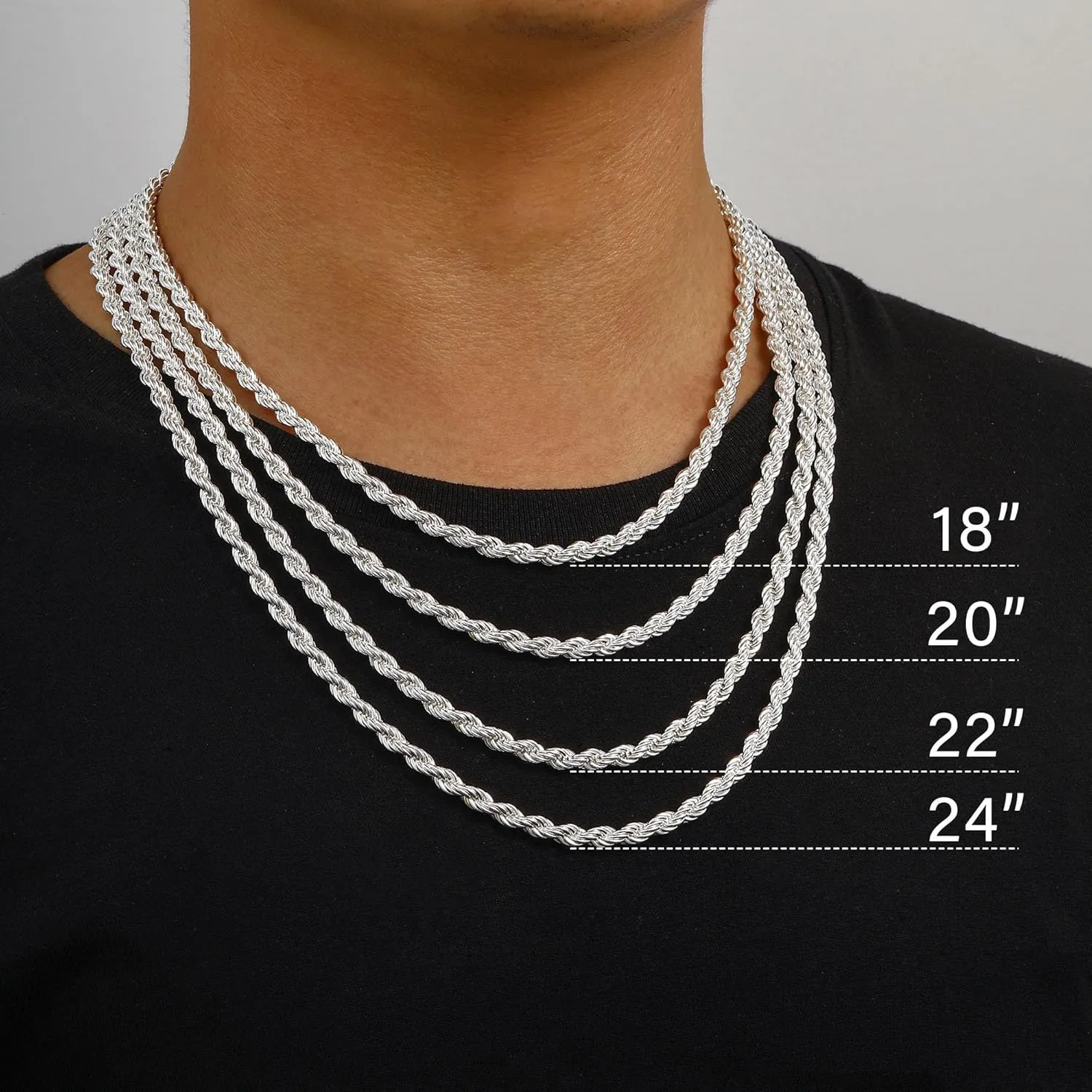 OCHCOH 925 Sterling Silver Clasp 2/2.5/3/4/5mm Rope Chain Necklace for Men Women Diamond Cut Silver Chain Necklace for Men 16-30 Inch