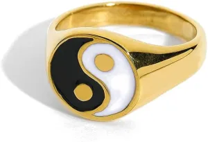 OIDIMS Fashion Yin Yang Band Ring for Women Men Stainless Steel 18k Gold Plated Cool Bands Tai Chi Balance Chinese Style Statement Personalized Middle Thumb Finger Rings for Best Friends