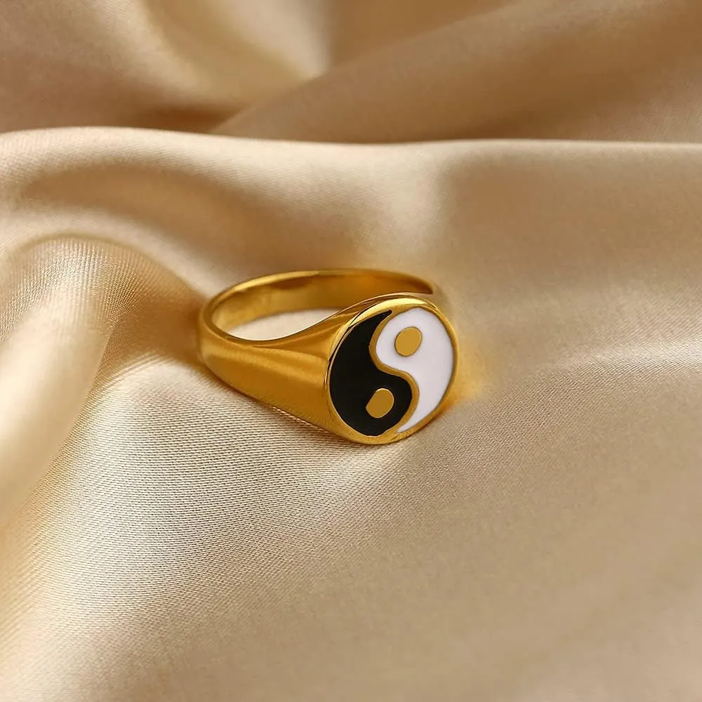OIDIMS Fashion Yin Yang Band Ring for Women Men Stainless Steel 18k Gold Plated Cool Bands Tai Chi Balance Chinese Style Statement Personalized Middle Thumb Finger Rings for Best Friends
