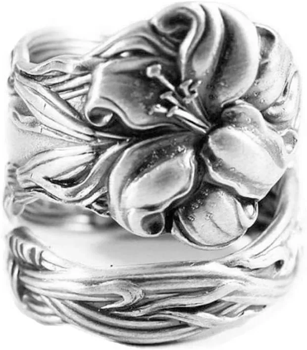 OIDIMS Lily Flowers Spoon Adjustable Rings Promise Wedding Engagement Statement Boho Vintage Finger Open Ring Extendable Wrap Bands for Women Girls Men Retro Comfort Fit Hypoallergenic Jewelry Bff