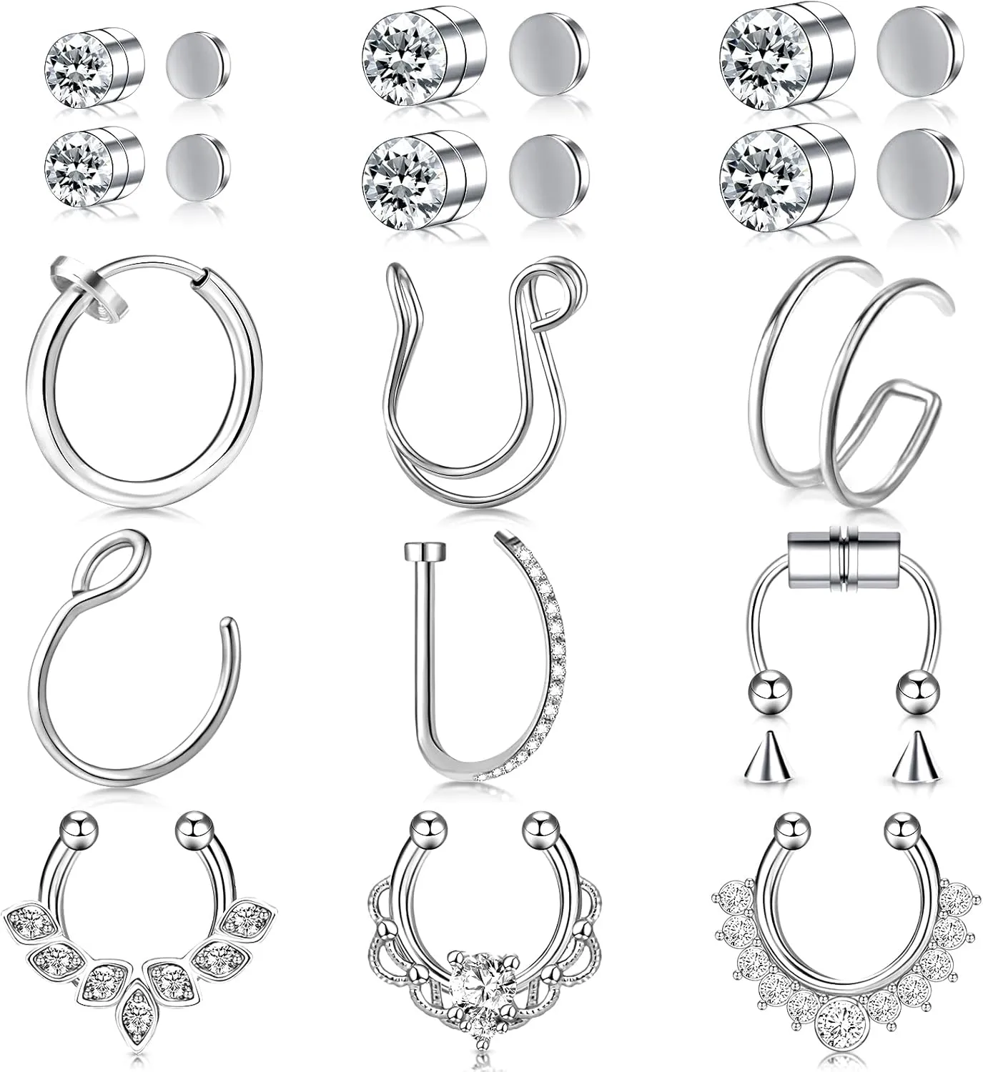 ONESING 2-6 16G Packs Magnetic Septum Nose Rings Fake Septum Ring Fake Septum Fake Nose Rings for Women Fake Piercing Inner 10mm-12mm Clip On Nose Rings Hoop No Pierced Stainless Steel Jewelry