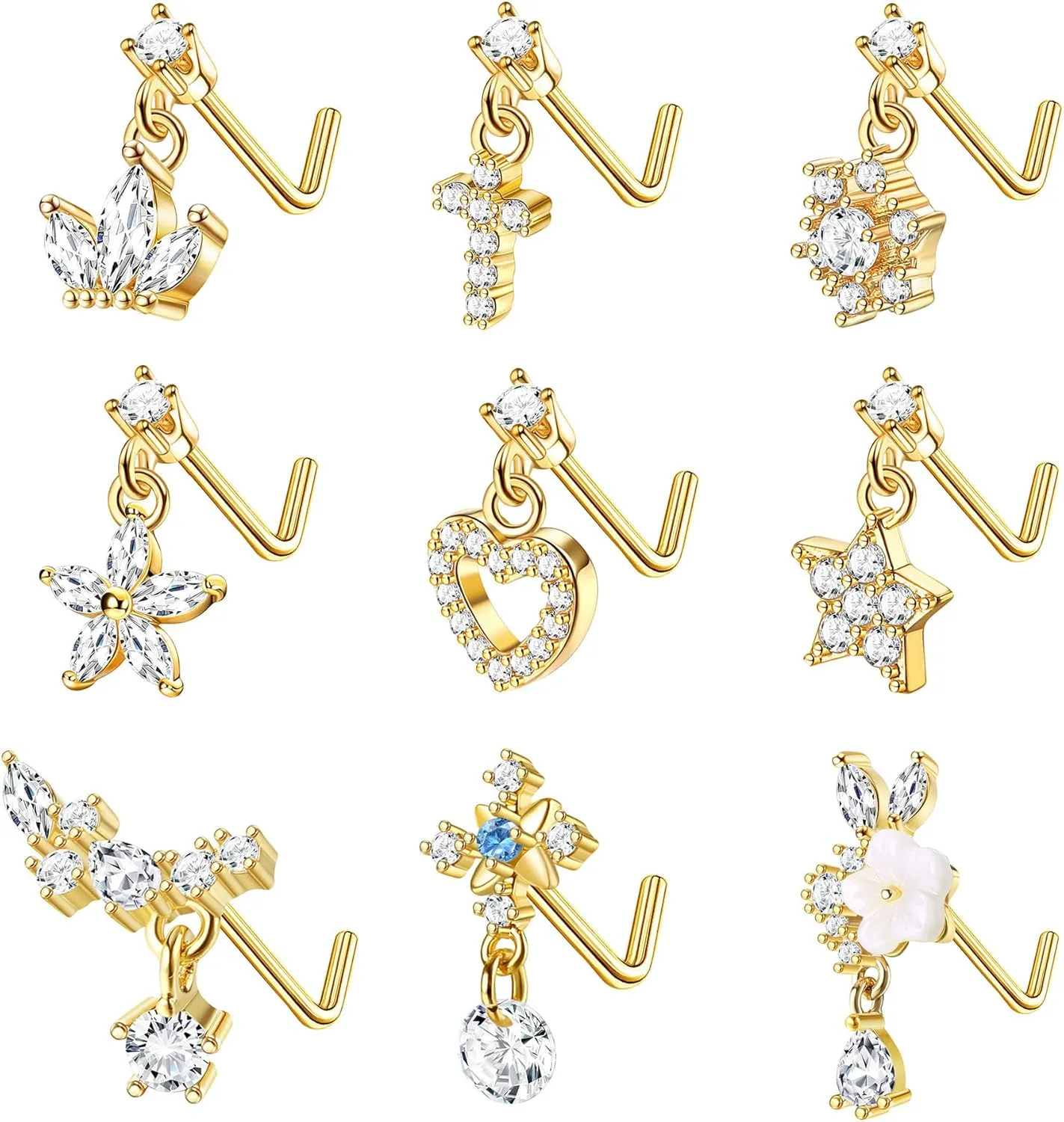 ORAZIO 9 PCS Dangle Nose Rings - L Shaped for Women, 20G Stainless Steel Nose Rings Studs with CZ Cross, Crown, Flower, Heart Dangling Piercing Jewelry