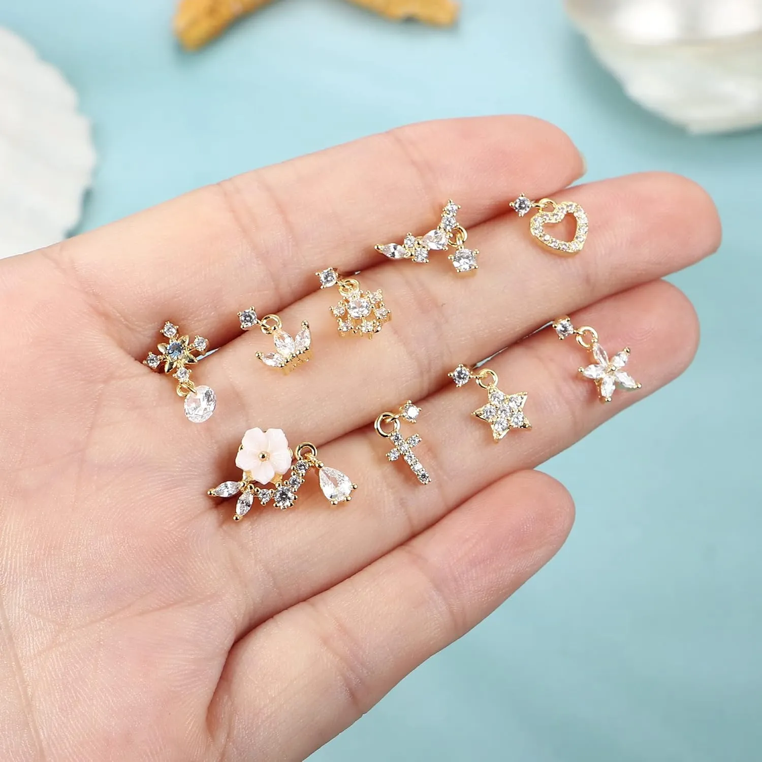 ORAZIO 9 PCS Dangle Nose Rings - L Shaped for Women, 20G Stainless Steel Nose Rings Studs with CZ Cross, Crown, Flower, Heart Dangling Piercing Jewelry