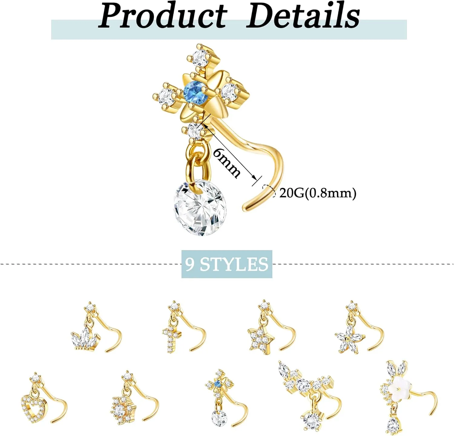 ORAZIO 9 PCS Dangle Nose Rings - L Shaped for Women, 20G Stainless Steel Nose Rings Studs with CZ Cross, Crown, Flower, Heart Dangling Piercing Jewelry