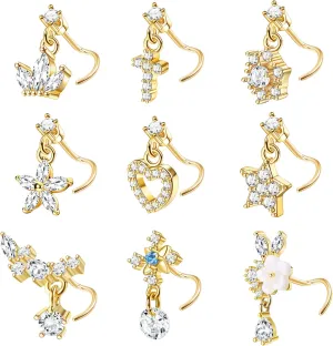 ORAZIO 9 PCS Dangle Nose Rings - L Shaped for Women, 20G Stainless Steel Nose Rings Studs with CZ Cross, Crown, Flower, Heart Dangling Piercing Jewelry