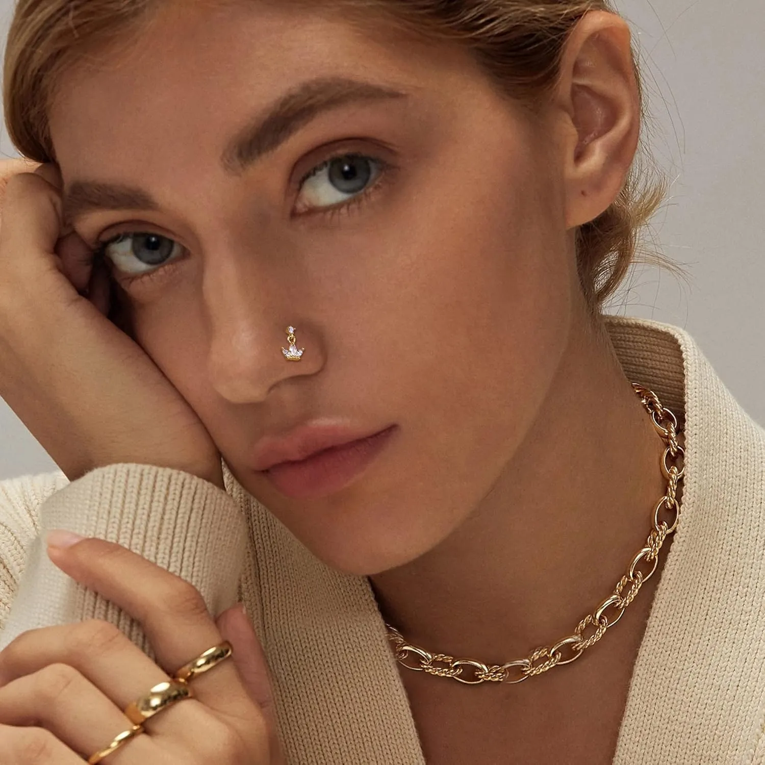 ORAZIO 9 PCS Dangle Nose Rings - L Shaped for Women, 20G Stainless Steel Nose Rings Studs with CZ Cross, Crown, Flower, Heart Dangling Piercing Jewelry