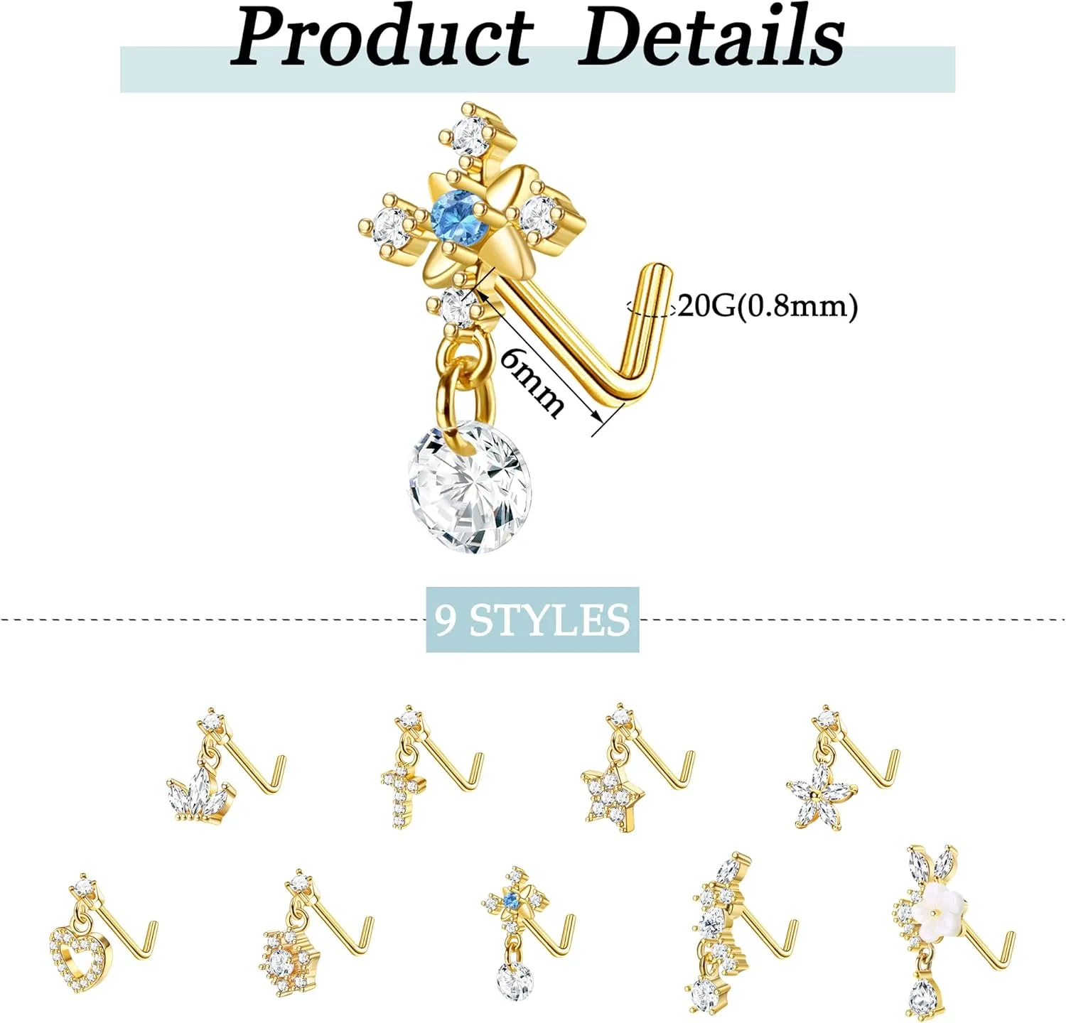 ORAZIO 9 PCS Dangle Nose Rings - L Shaped for Women, 20G Stainless Steel Nose Rings Studs with CZ Cross, Crown, Flower, Heart Dangling Piercing Jewelry