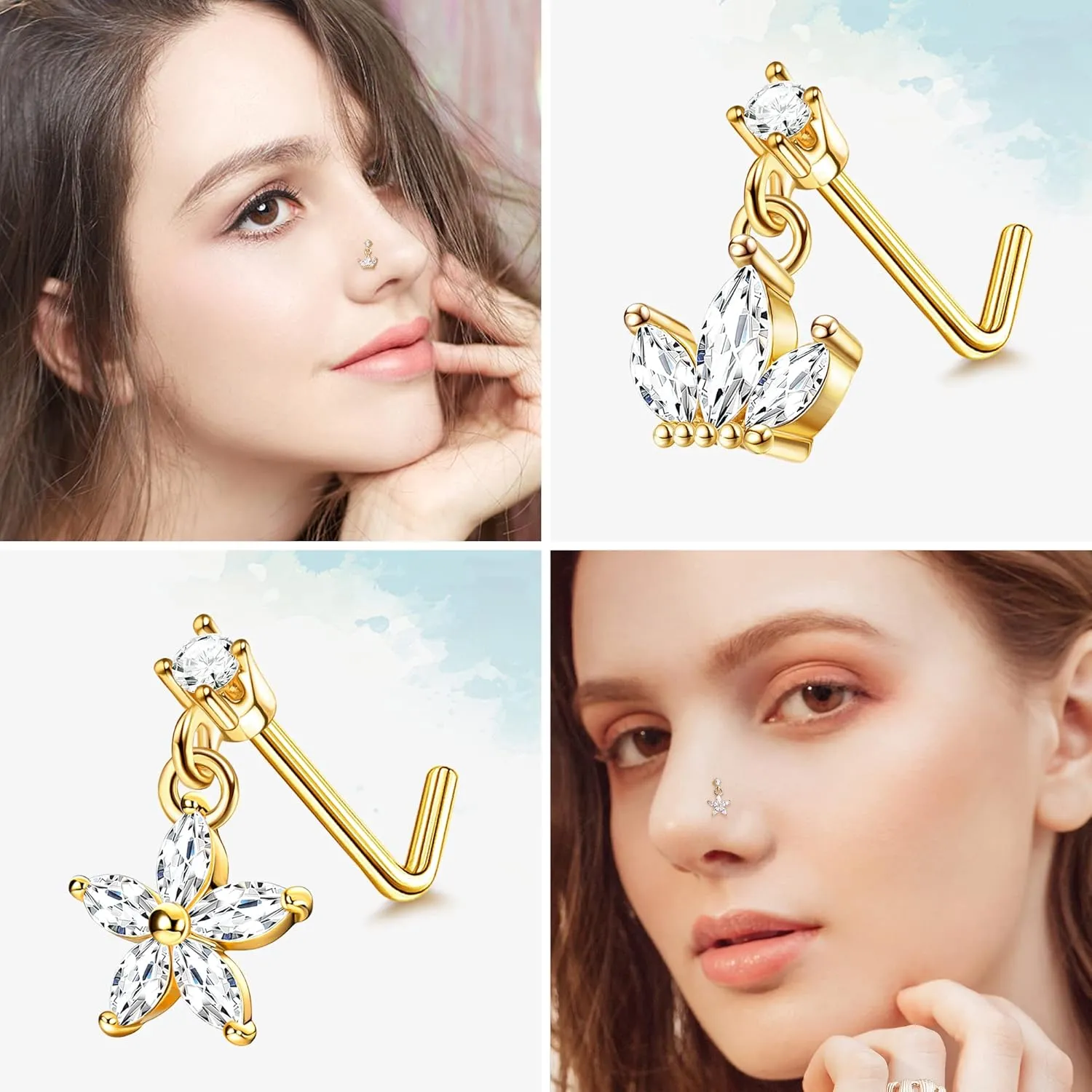 ORAZIO 9 PCS Dangle Nose Rings - L Shaped for Women, 20G Stainless Steel Nose Rings Studs with CZ Cross, Crown, Flower, Heart Dangling Piercing Jewelry