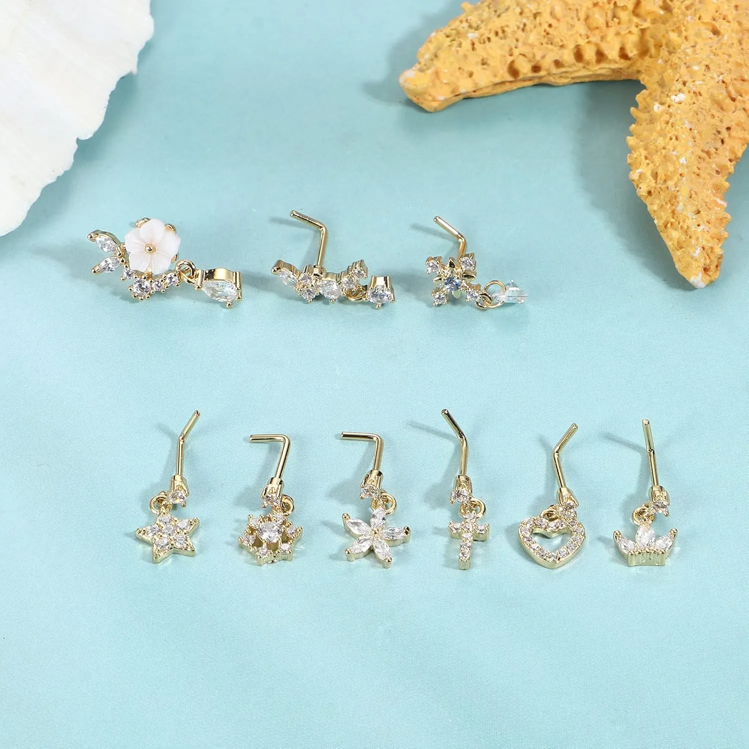ORAZIO 9 PCS Dangle Nose Rings - L Shaped for Women, 20G Stainless Steel Nose Rings Studs with CZ Cross, Crown, Flower, Heart Dangling Piercing Jewelry