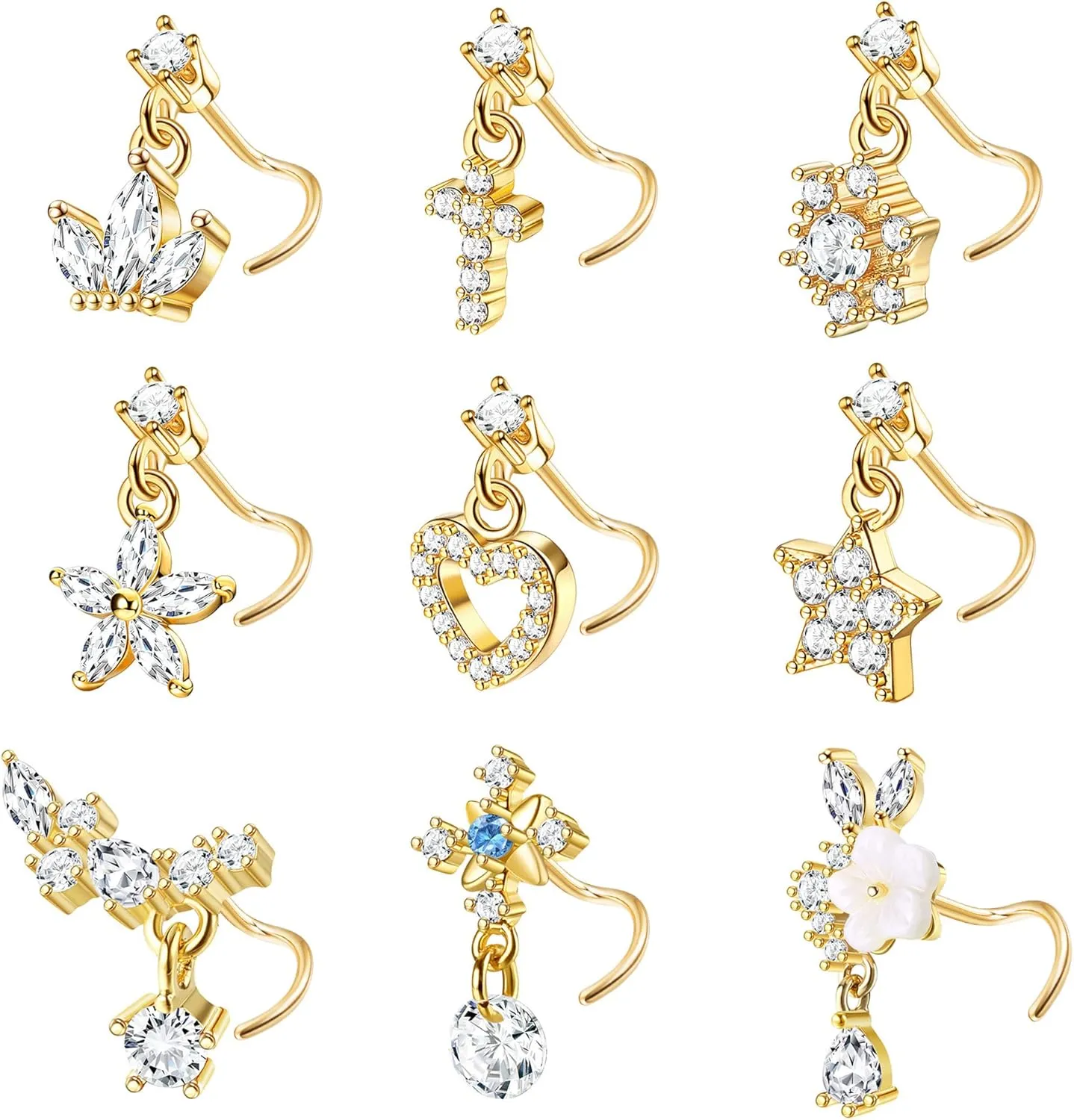 ORAZIO 9 PCS Dangle Nose Rings - L Shaped for Women, 20G Stainless Steel Nose Rings Studs with CZ Cross, Crown, Flower, Heart Dangling Piercing Jewelry