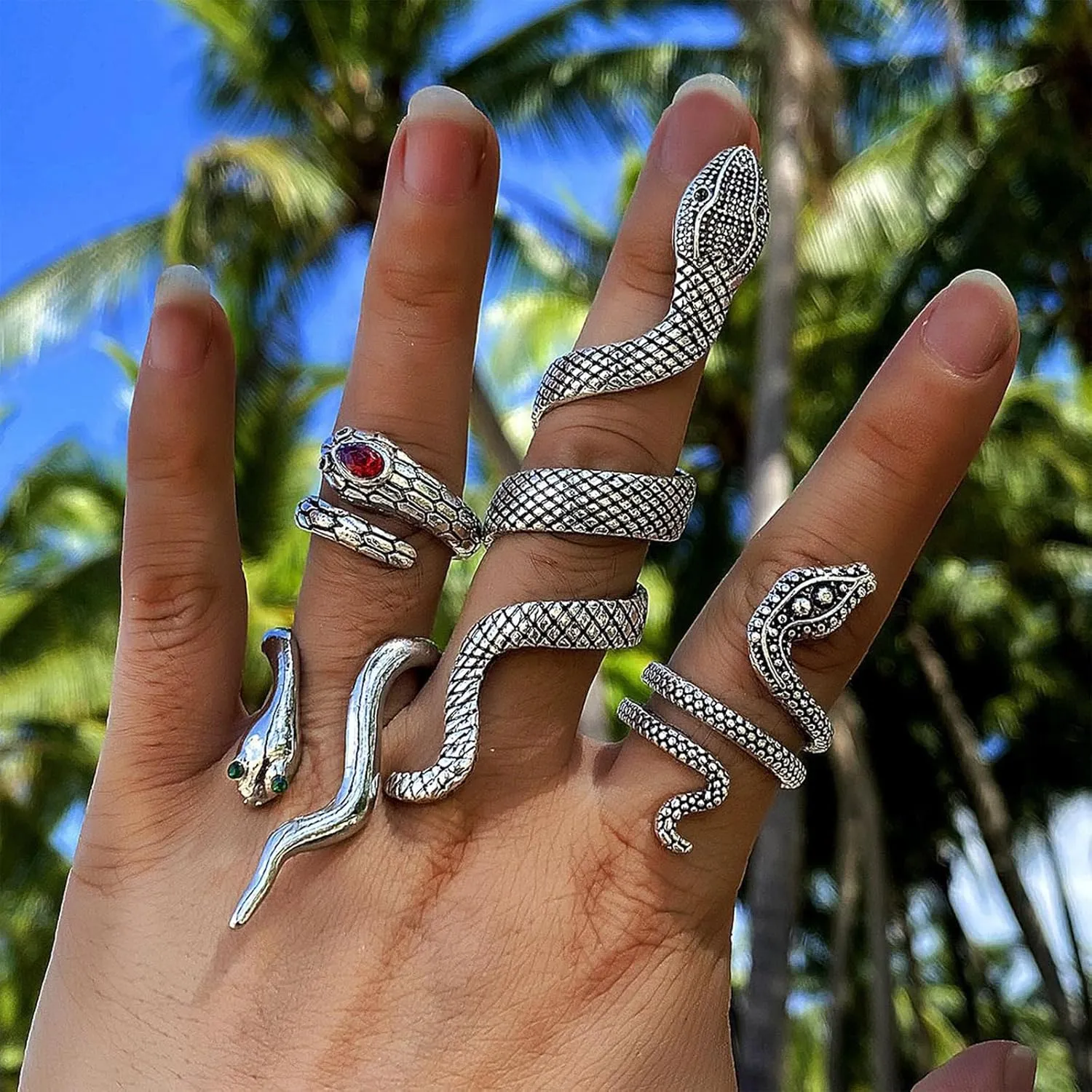 Otxas Gold Snake Ring - Adjustable Punk Boho Stacking Rings Set - Vintage Goth Silver Snake Ring Jewelry