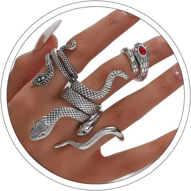 Otxas Gold Snake Ring - Adjustable Punk Boho Stacking Rings Set - Vintage Goth Silver Snake Ring Jewelry