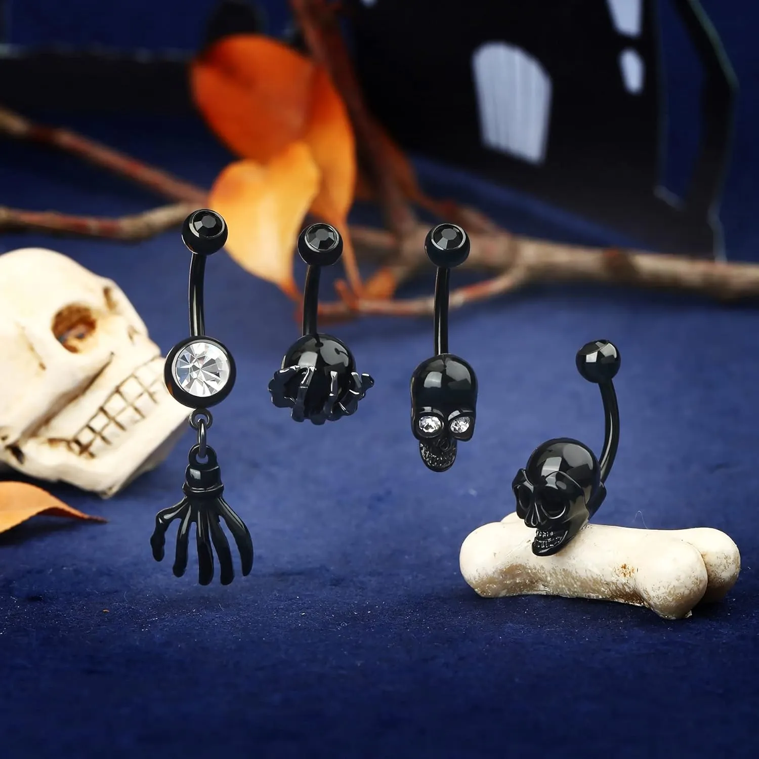 OUFER 4PCS Belly Button Rings Navel Rings Surgical Steel Black Ghost Belly Piercing Jewelry Belly Rings for Women