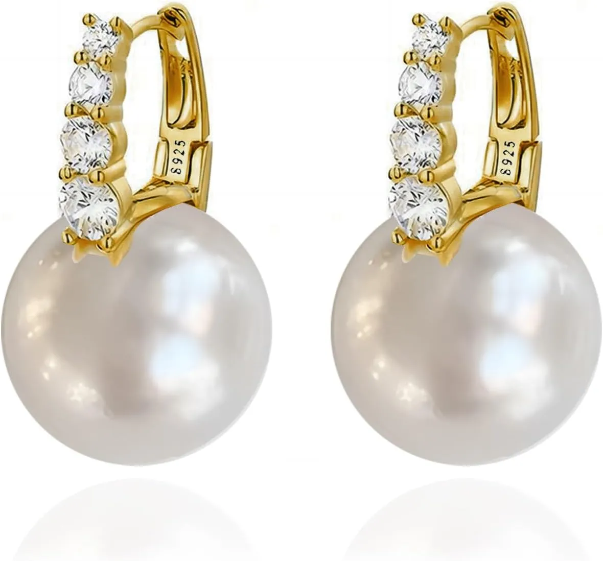 OwMell 18K Gold Plated Pearl Drop Earrings 5A Cubic Zirconia Pearl Dangle Elegant Earrings for Women Large Size 12mm