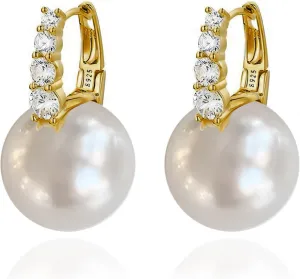 OwMell 18K Gold Plated Pearl Drop Earrings 5A Cubic Zirconia Pearl Dangle Elegant Earrings for Women Large Size 12mm