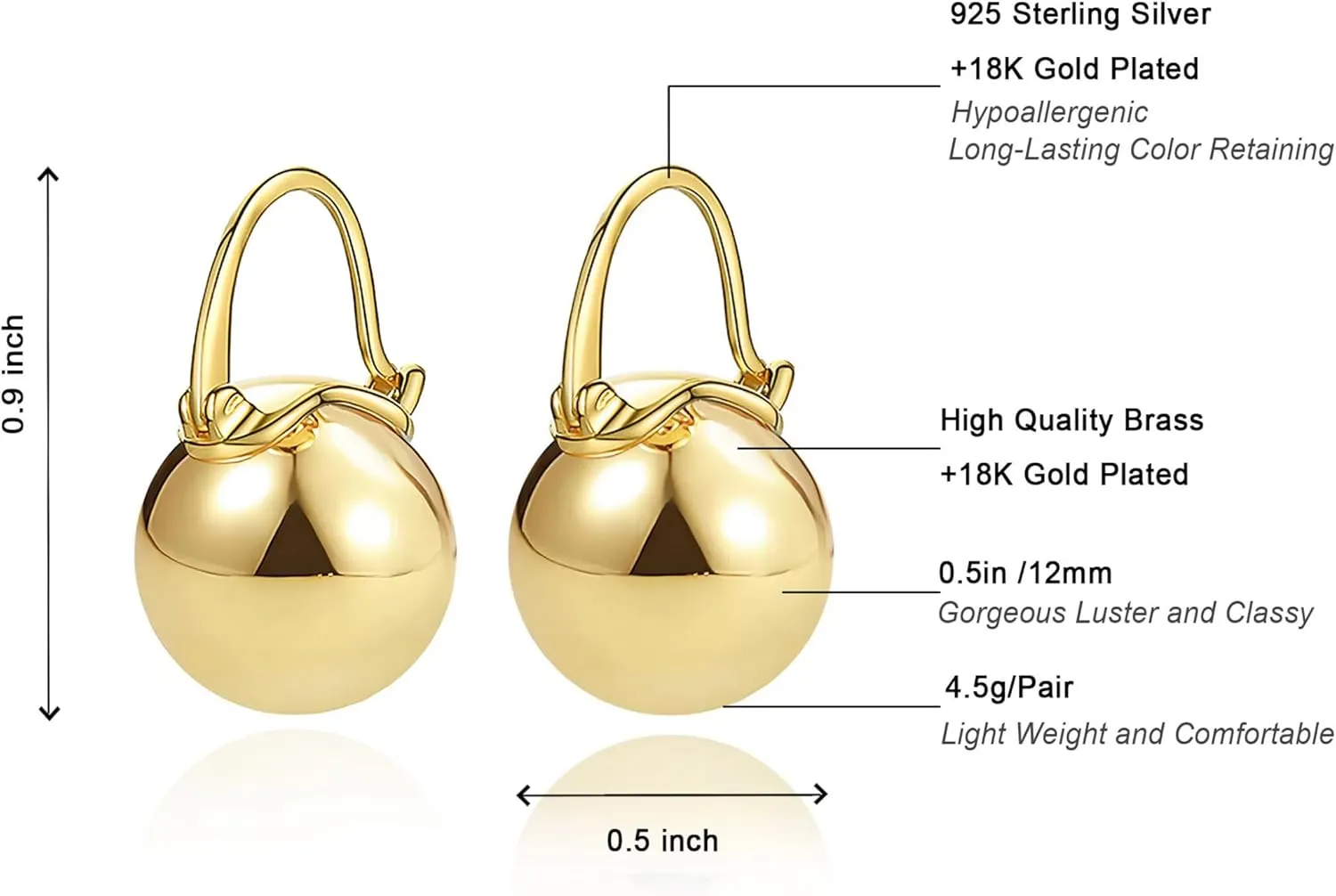 OwMell Elegant 925 Sterling Silver Pearl Drop Earrings Dangle Stud Gold Plated Earrings for Women Large Size 12mm