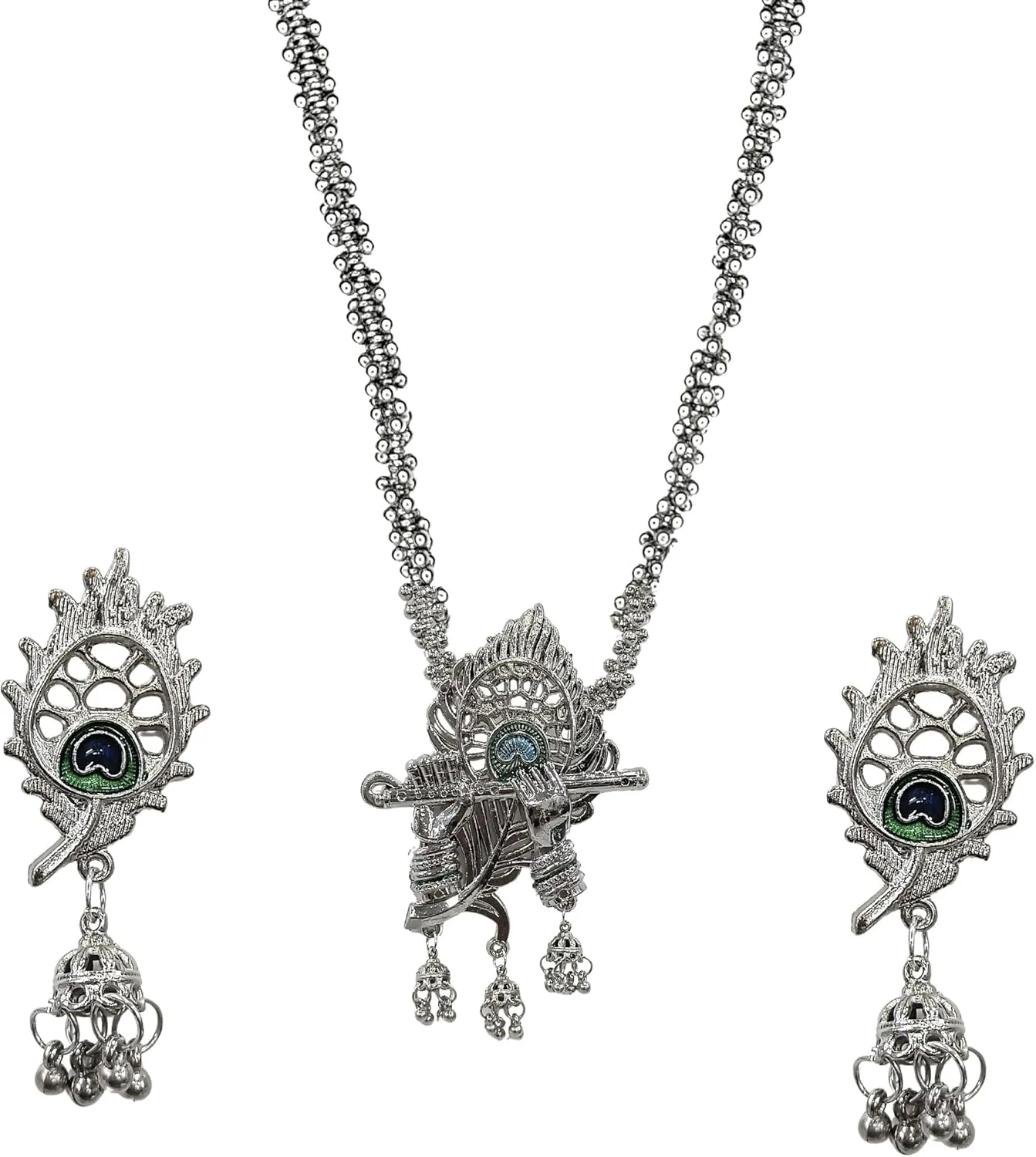 Oxidised peacock long necklace with jhumka Afghani Oxidised Silver Jewellery Antique Designer Artificial Peacock Necklace Set for Women