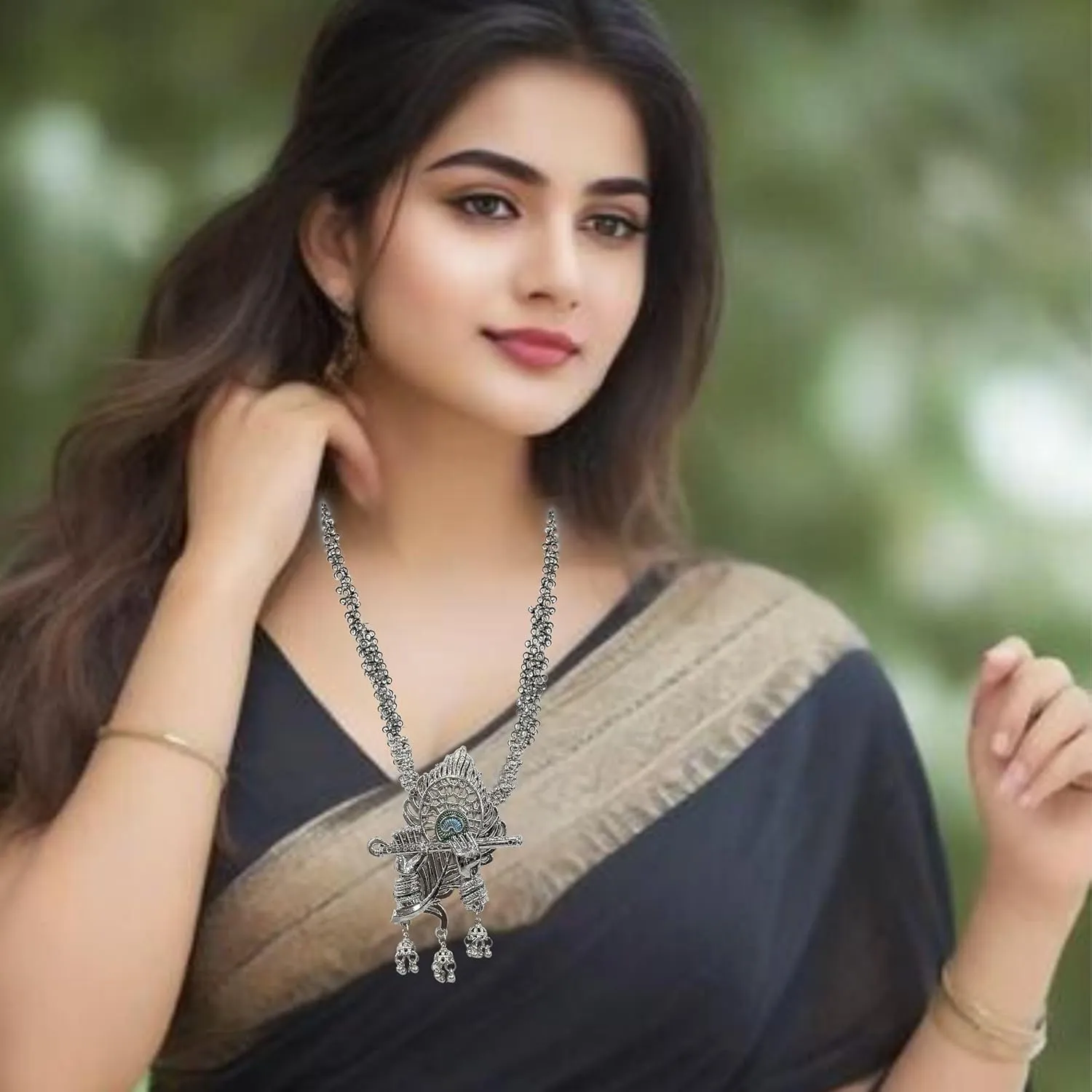 Oxidised peacock long necklace with jhumka Afghani Oxidised Silver Jewellery Antique Designer Artificial Peacock Necklace Set for Women