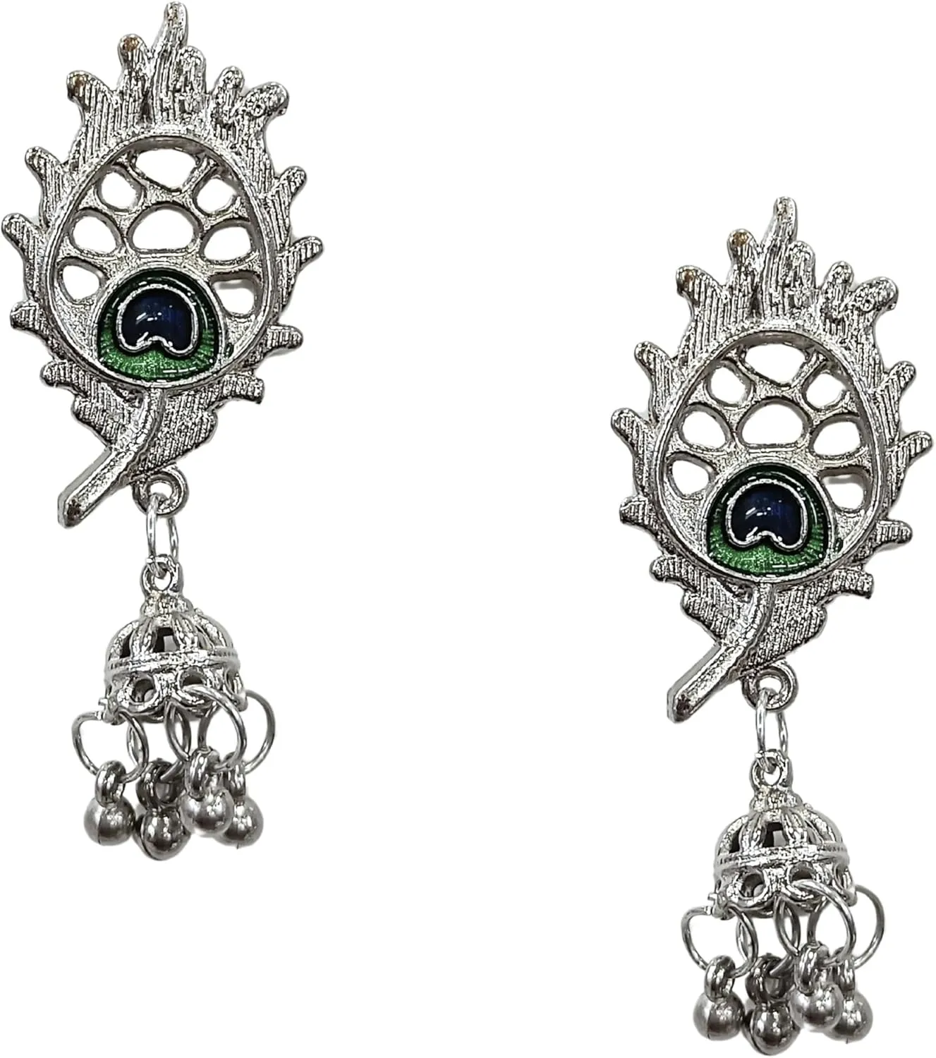 Oxidised peacock long necklace with jhumka Afghani Oxidised Silver Jewellery Antique Designer Artificial Peacock Necklace Set for Women