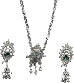 Oxidised peacock long necklace with jhumka Afghani Oxidised Silver Jewellery Antique Designer Artificial Peacock Necklace Set for Women