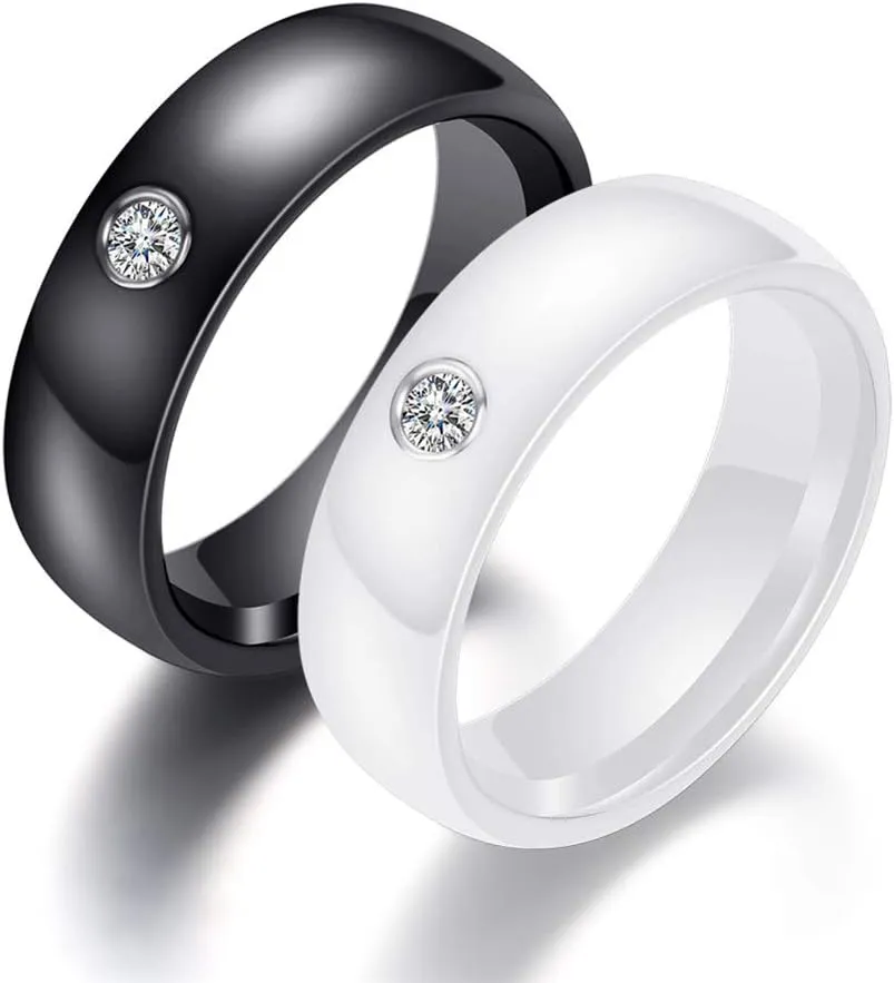 PAMTIER Unisex Ceramic Micro Round Cubic Zirconia Inlay High Polished Couple Ring