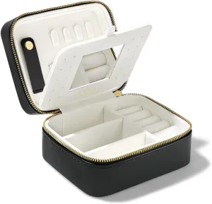 PAVOI Black Faux Leather Travel Jewelry Box - Compact Jewelry Case with Mirror - Portable Organizer for Rings, Necklaces, Earrings, Bracelets