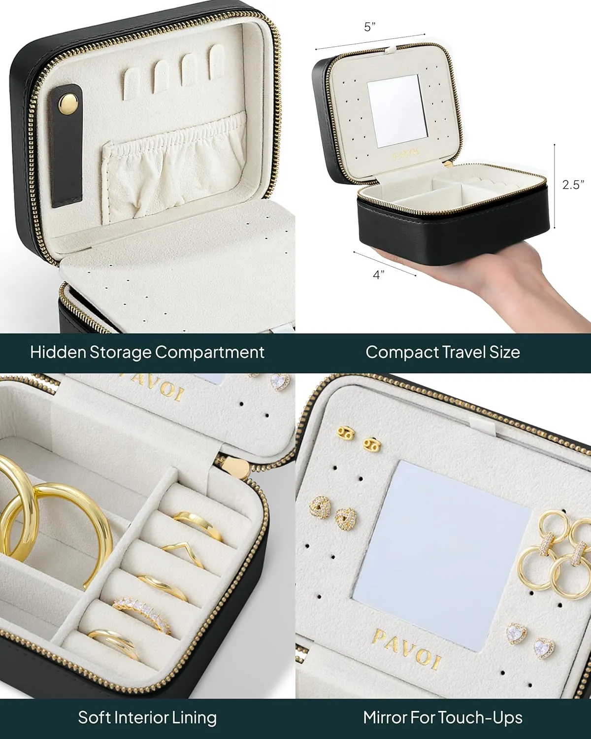 PAVOI Black Faux Leather Travel Jewelry Box - Compact Jewelry Case with Mirror - Portable Organizer for Rings, Necklaces, Earrings, Bracelets