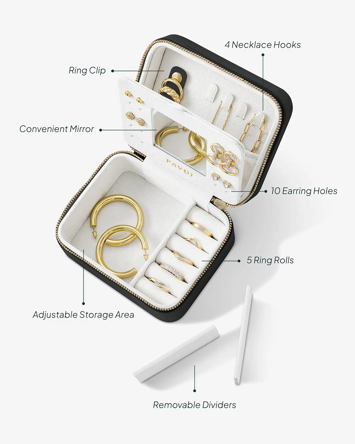 PAVOI Black Faux Leather Travel Jewelry Box - Compact Jewelry Case with Mirror - Portable Organizer for Rings, Necklaces, Earrings, Bracelets