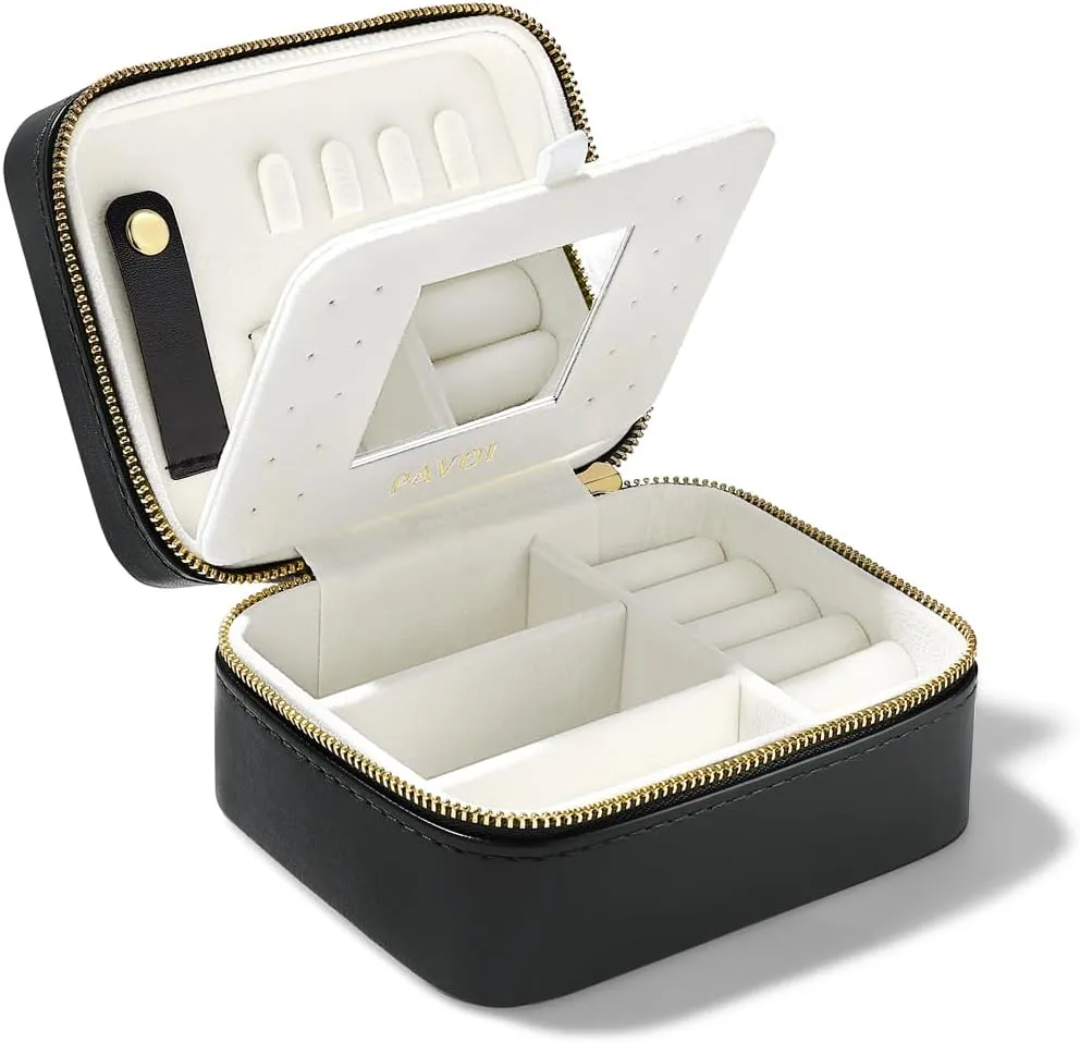 PAVOI Black Faux Leather Travel Jewelry Box - Compact Jewelry Case with Mirror - Portable Organizer for Rings, Necklaces, Earrings, Bracelets