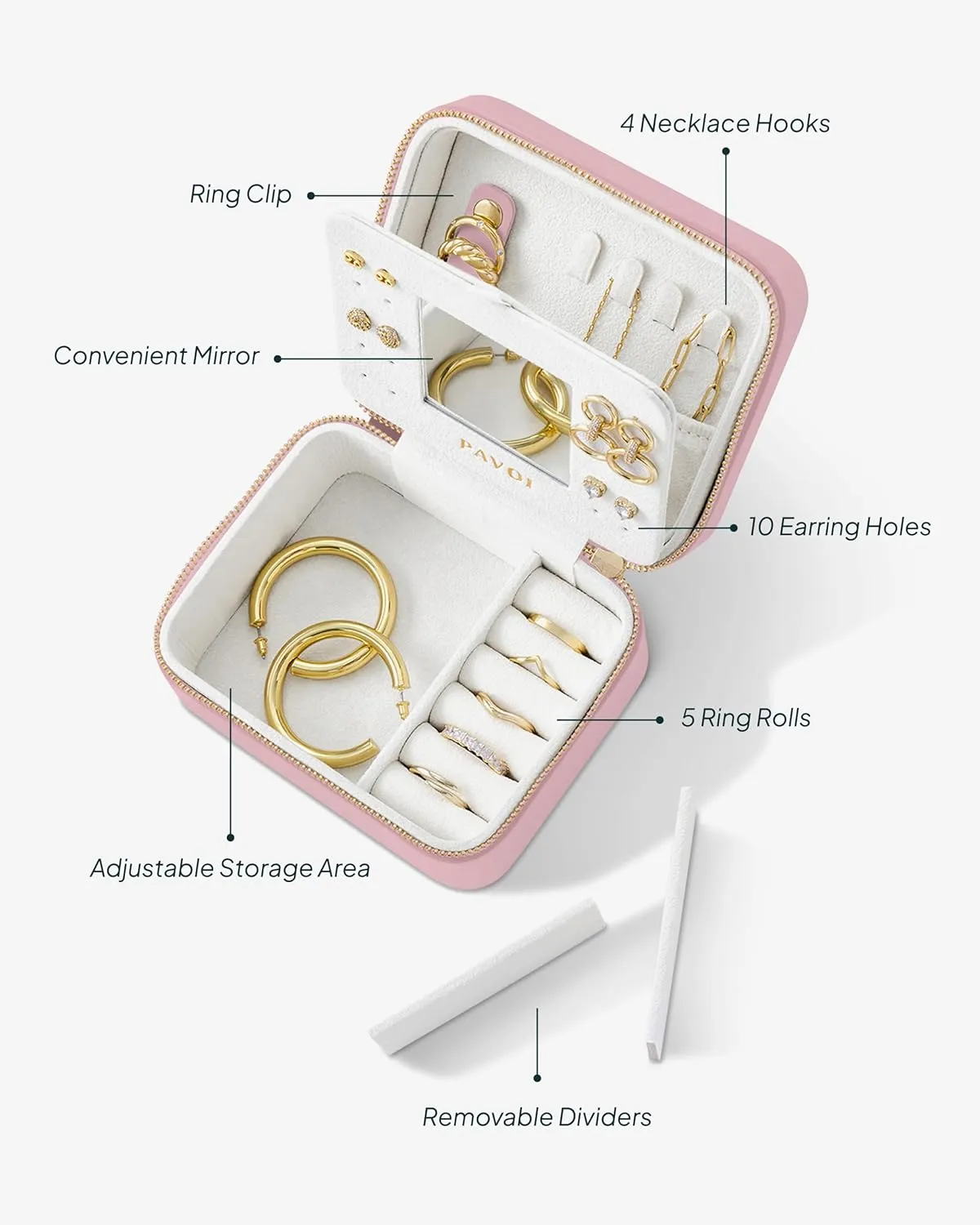 PAVOI Blush Faux Leather Travel Jewelry Box and Case with Mirror - Compact Portable Organizer for Rings, Necklaces, Earrings, Bracelets