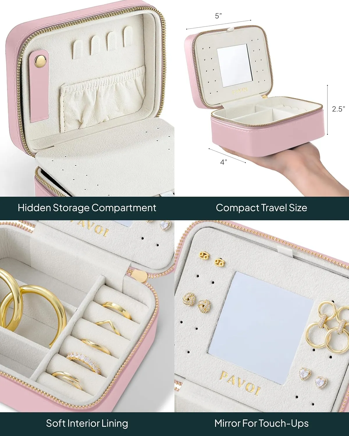 PAVOI Blush Faux Leather Travel Jewelry Box and Case with Mirror - Compact Portable Organizer for Rings, Necklaces, Earrings, Bracelets