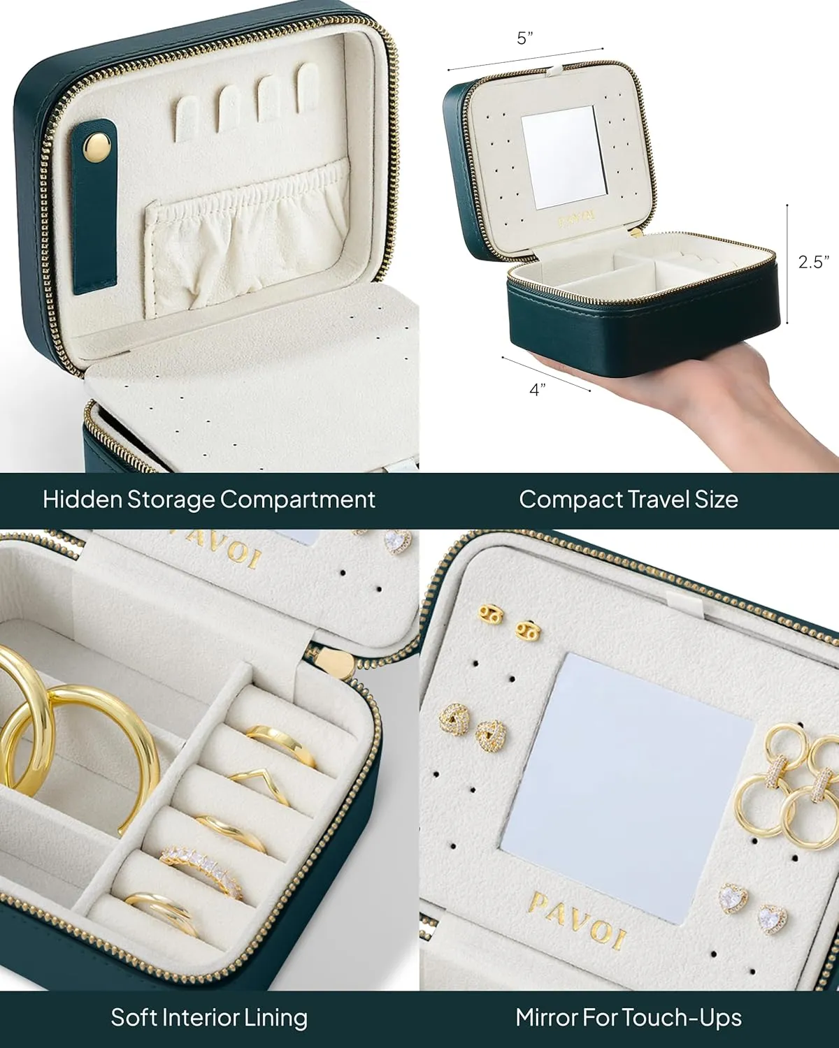 PAVOI Emerald Faux Leather Travel Jewelry Box for Women - Compact Case with Mirror - Portable Jewelry Organizer for Rings, Necklaces, Earrings, and Bracelets