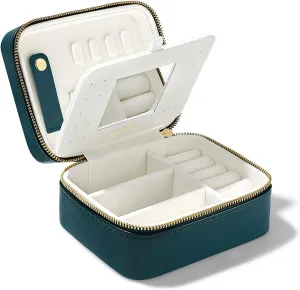 PAVOI Emerald Faux Leather Travel Jewelry Box for Women - Compact Case with Mirror - Portable Jewelry Organizer for Rings, Necklaces, Earrings, and Bracelets