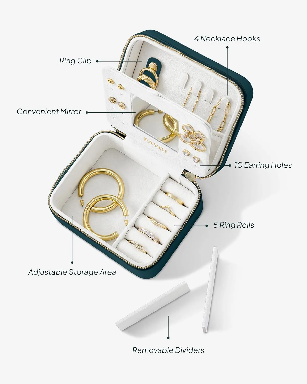 PAVOI Emerald Faux Leather Travel Jewelry Box for Women - Compact Case with Mirror - Portable Jewelry Organizer for Rings, Necklaces, Earrings, and Bracelets