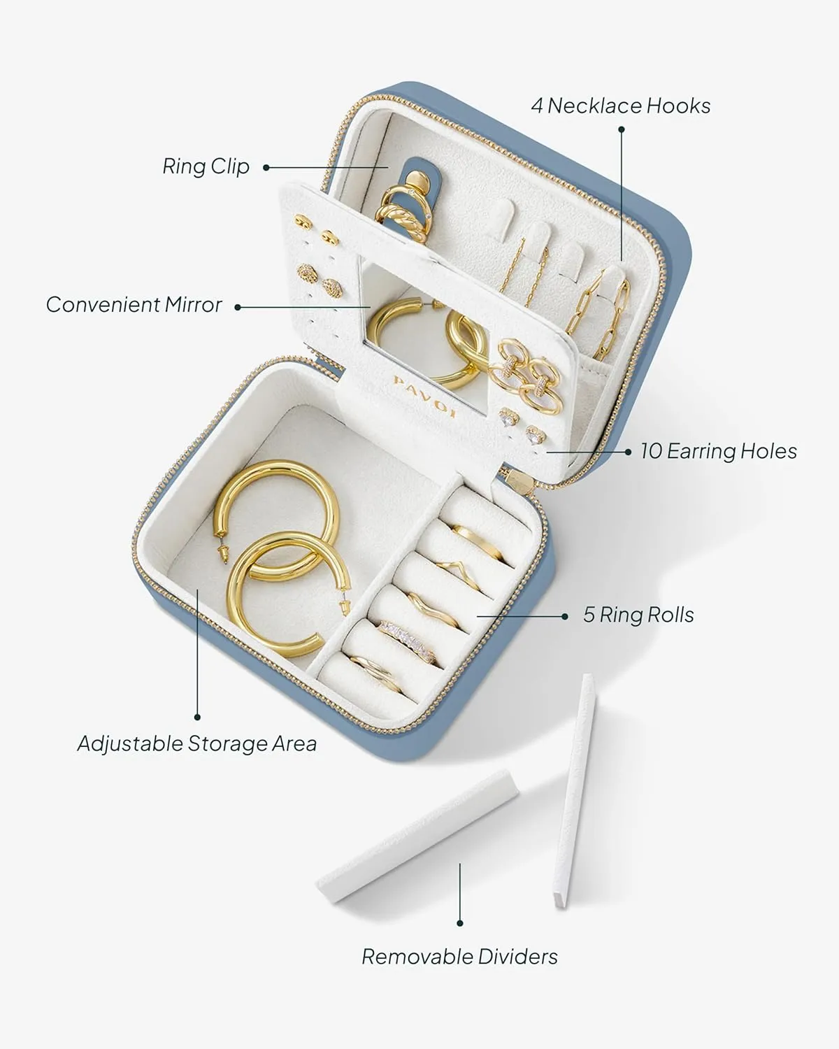 PAVOI Ice Blue Faux Leather Travel Jewelry Box for Women - Compact Jewelry Case with Mirror - Portable Organizer for Rings, Necklaces, Earrings, and Bracelets