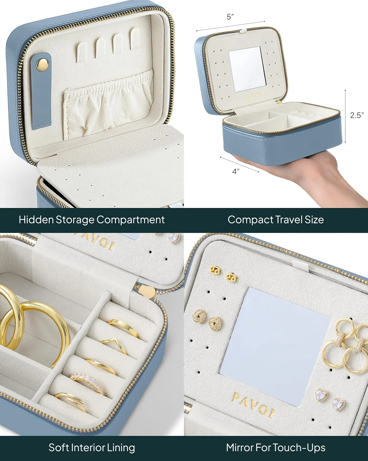PAVOI Ice Blue Faux Leather Travel Jewelry Box for Women - Compact Jewelry Case with Mirror - Portable Organizer for Rings, Necklaces, Earrings, and Bracelets