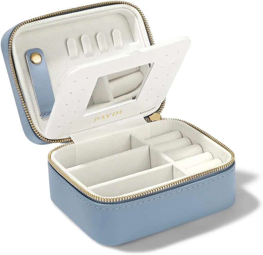 PAVOI Ice Blue Faux Leather Travel Jewelry Box for Women - Compact Jewelry Case with Mirror - Portable Organizer for Rings, Necklaces, Earrings, and Bracelets