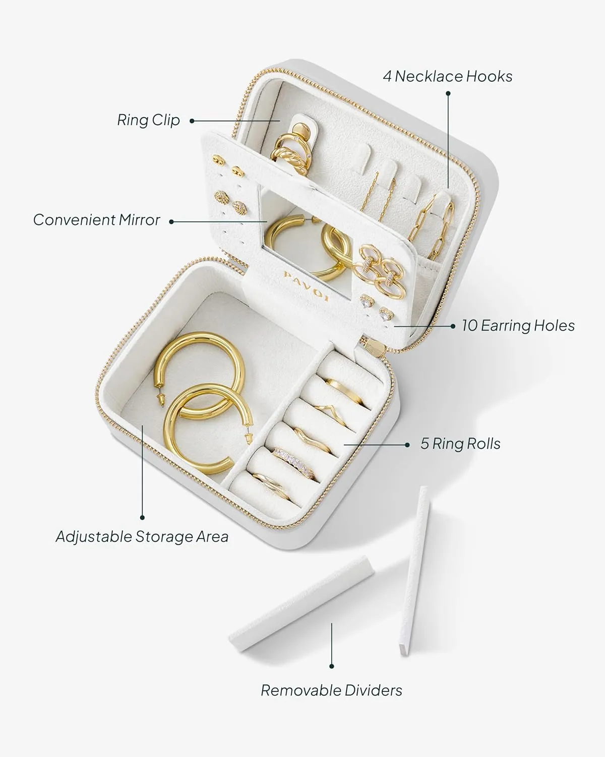 PAVOI Ivory Faux Leather Travel Jewelry Box for Women - Compact Travel Case with Mirror - Portable Organizer for Rings, Necklaces, Earrings, Bracelets