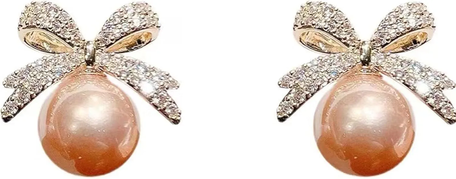 Pearl Bow Small Stud Earrings Gold Plated Dainty Charm Bowknot Ribbon Simulated Pearl Ball Chic Rhinestone Cubic Zirconia Earrings for Women Christmas Party Wedding Holiday Jewelry Gifts