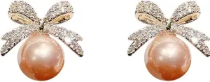 Pearl Bow Small Stud Earrings Gold Plated Dainty Charm Bowknot Ribbon Simulated Pearl Ball Chic Rhinestone Cubic Zirconia Earrings for Women Christmas Party Wedding Holiday Jewelry Gifts