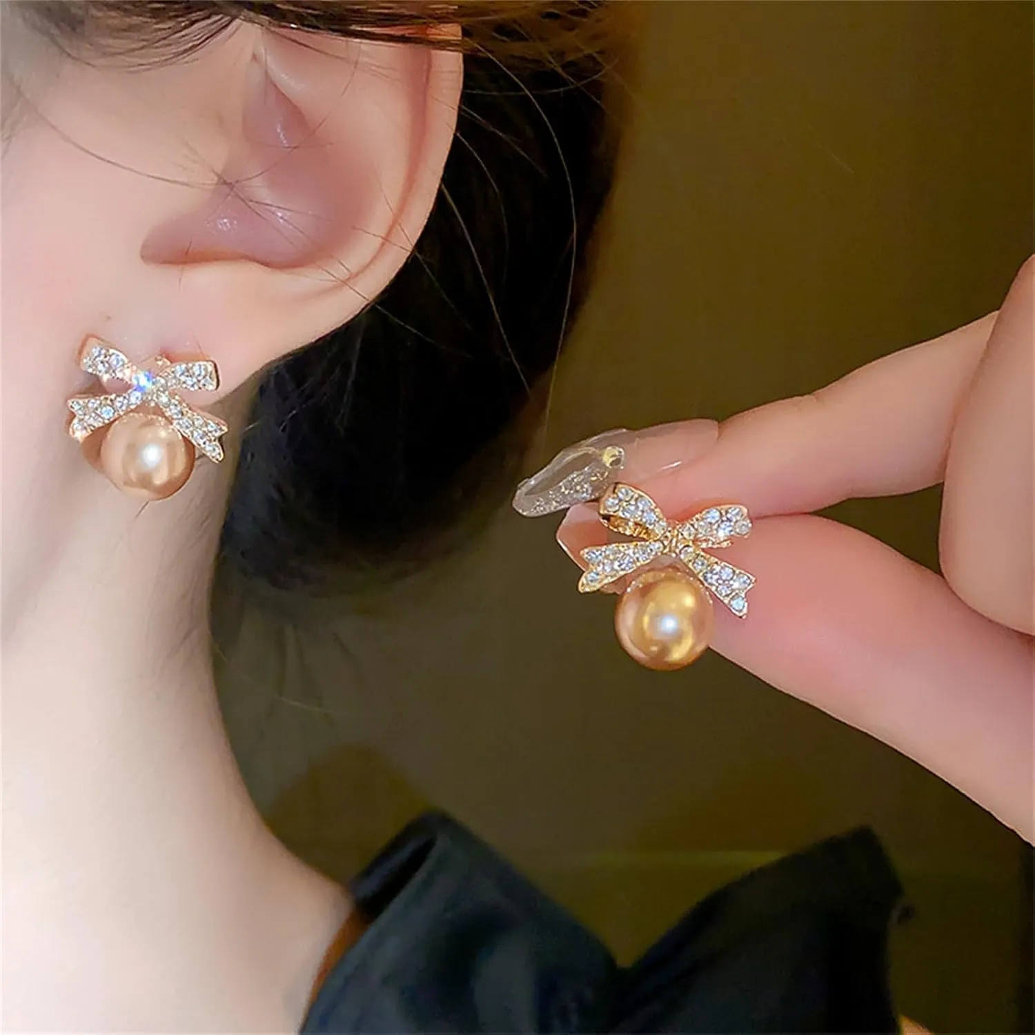 Pearl Bow Small Stud Earrings Gold Plated Dainty Charm Bowknot Ribbon Simulated Pearl Ball Chic Rhinestone Cubic Zirconia Earrings for Women Christmas Party Wedding Holiday Jewelry Gifts