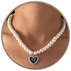 Pearl Choker Necklace Sliver Heart Pendent Necklaces Chain Rhinestone Neck Jewelrys Adjustable for Women