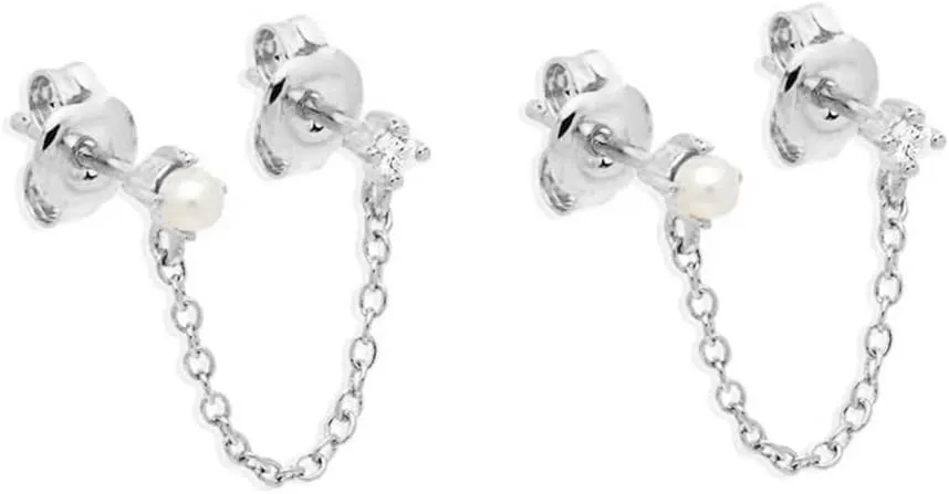 Pearl CZ Round Stud With Chain Cuff S925 Sterling Silver Earrings for Women Girls Cartilage Double Piercing Holes Fashion Chic Minimalist Climber Crawler Bead Threader Hypoallergenic Gifts